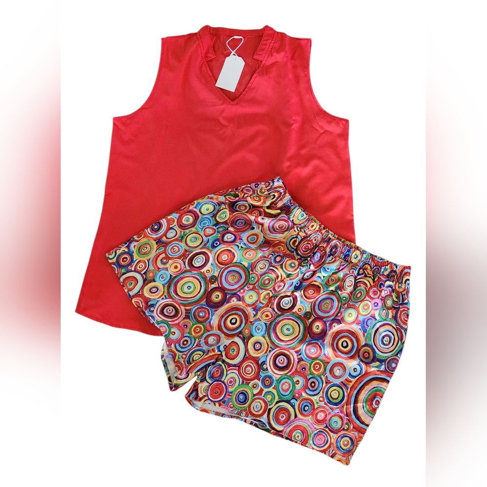 Red Sleeveless Top and Colorful Geometric Short Set